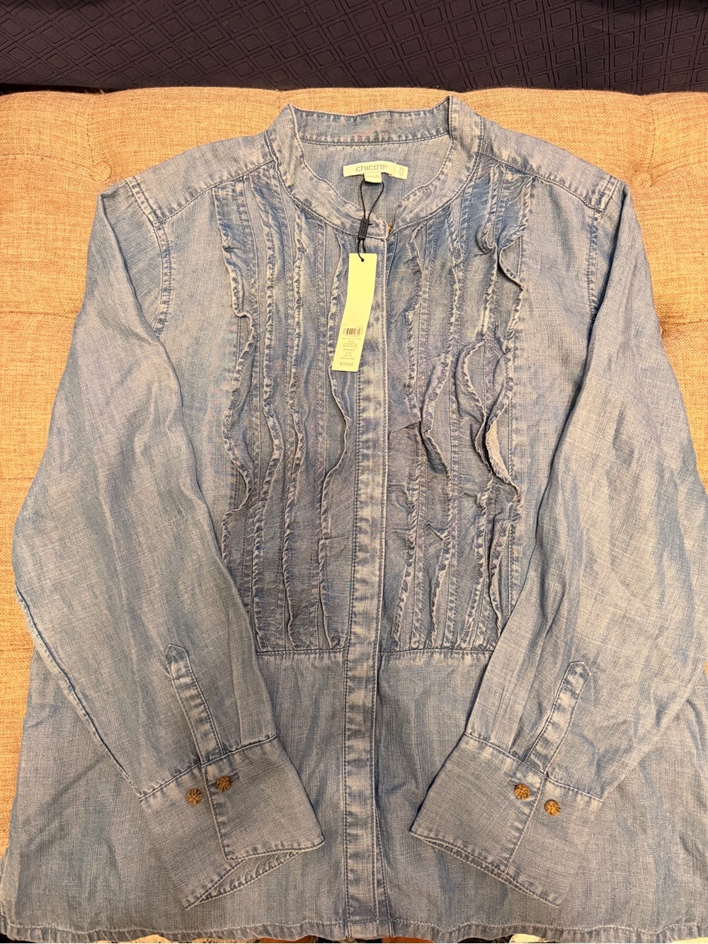 Chico's Light Wash Denim Ruffle-Front Jacket